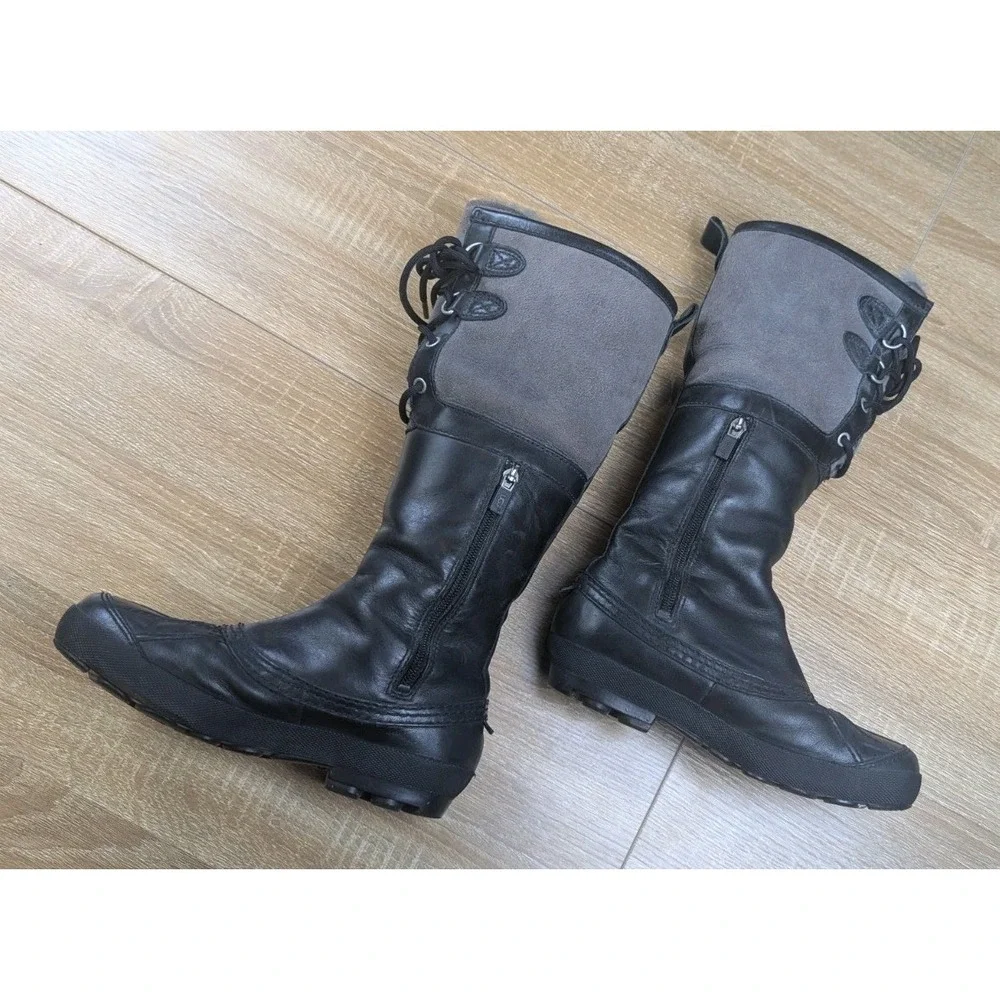 Ugg Belcloud US 6 Sheepskin Shearling Lined Black Gray Leather Duck‎ Boot